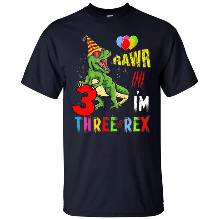 Three Rex Birthday Party Outfit Dinosaur 3 Year Old Boy Girl Tall T-Shirt