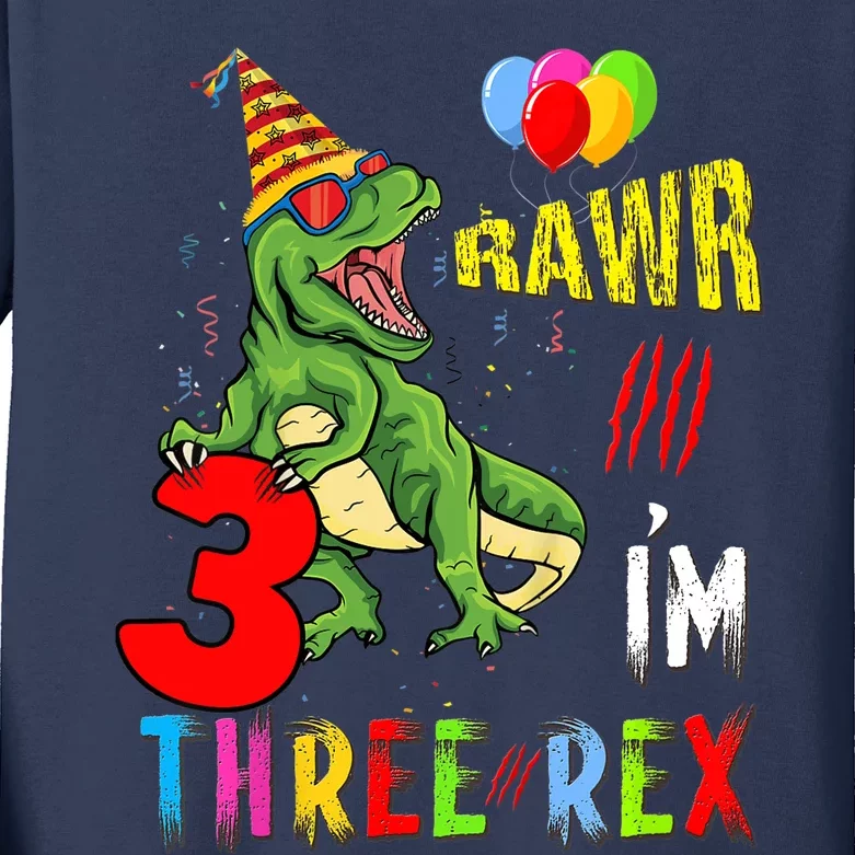 Three Rex Birthday Party Outfit Dinosaur 3 Year Old Boy Girl Kids Long Sleeve Shirt