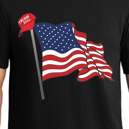 Trump Red Baseball Cap On An American Flag American Pride Pajama Set