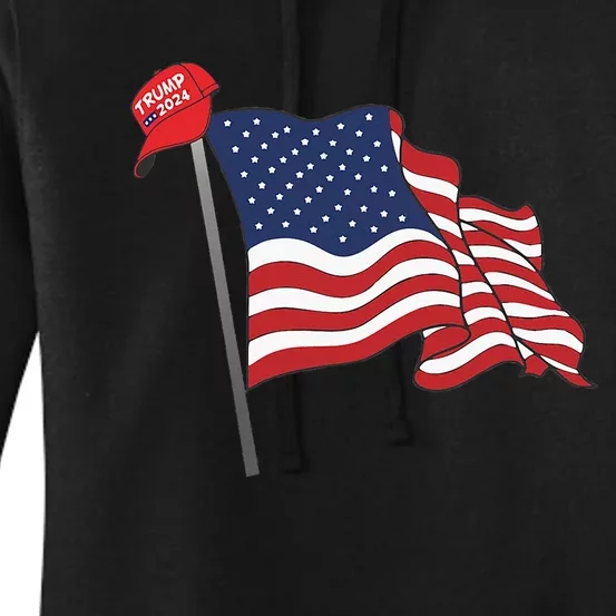 Trump Red Baseball Cap On An American Flag American Pride Women's Pullover Hoodie