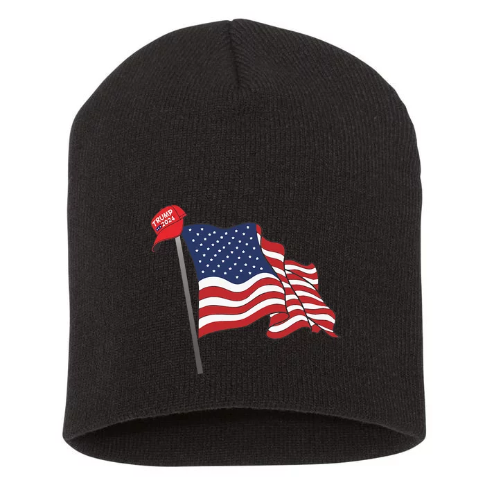 Trump Red Baseball Cap On An American Flag American Pride Short Acrylic Beanie