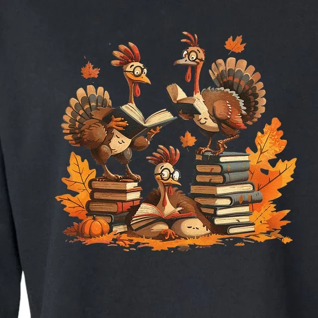 Turkey Reading Books Thanksgiving Cropped Pullover Crew