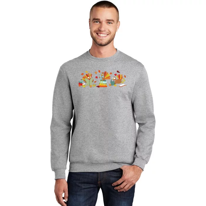 Turkey Reading Books Fall Thanksgiving Teacher Book Lovers Tall Sweatshirt