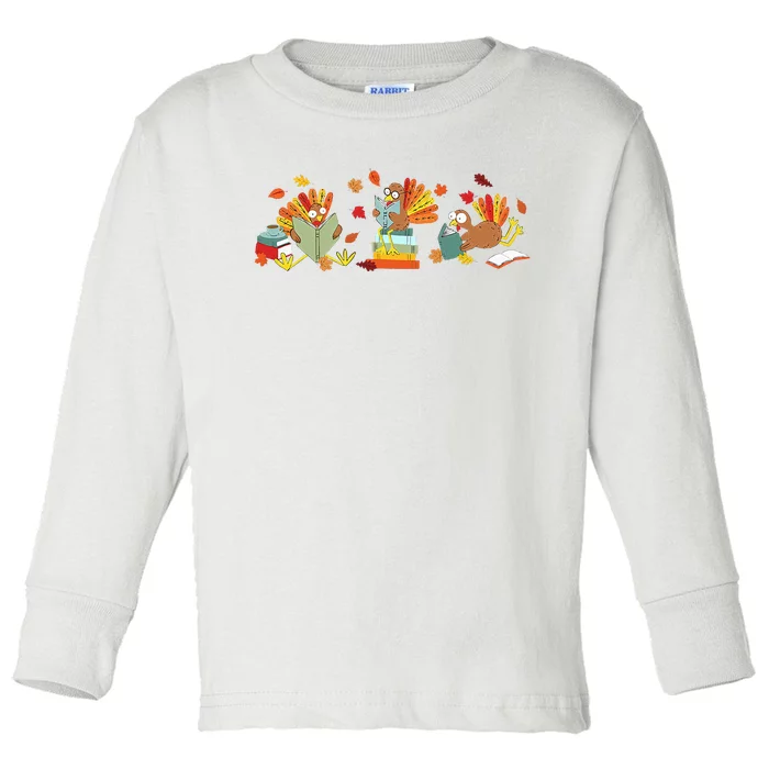 Turkey Reading Books Fall Thanksgiving Teacher Book Lovers Toddler Long Sleeve Shirt