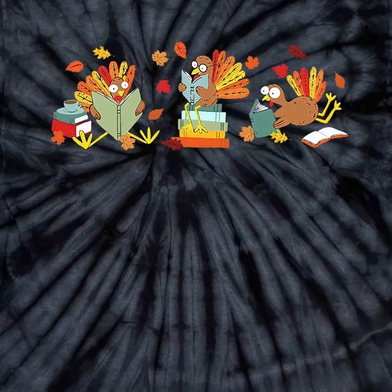 Turkey Reading Books Fall Thanksgiving Teacher Tie-Dye T-Shirt