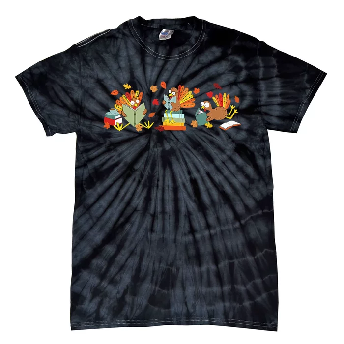 Turkey Reading Books Fall Thanksgiving Teacher Tie-Dye T-Shirt