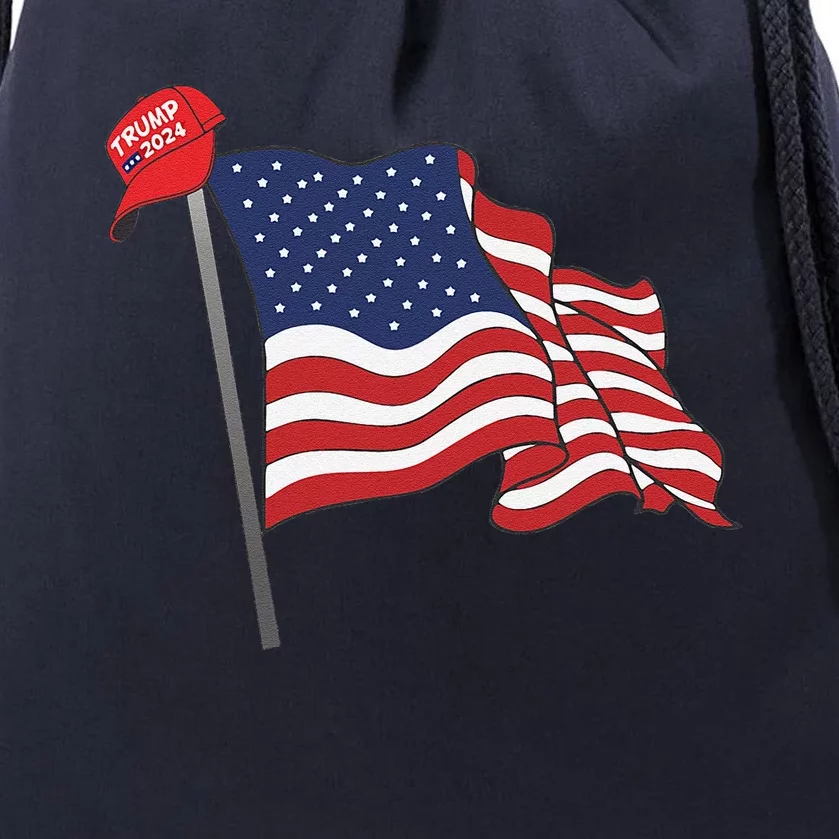 Trump Red Baseball Cap On An American Flag American Pride Drawstring Bag