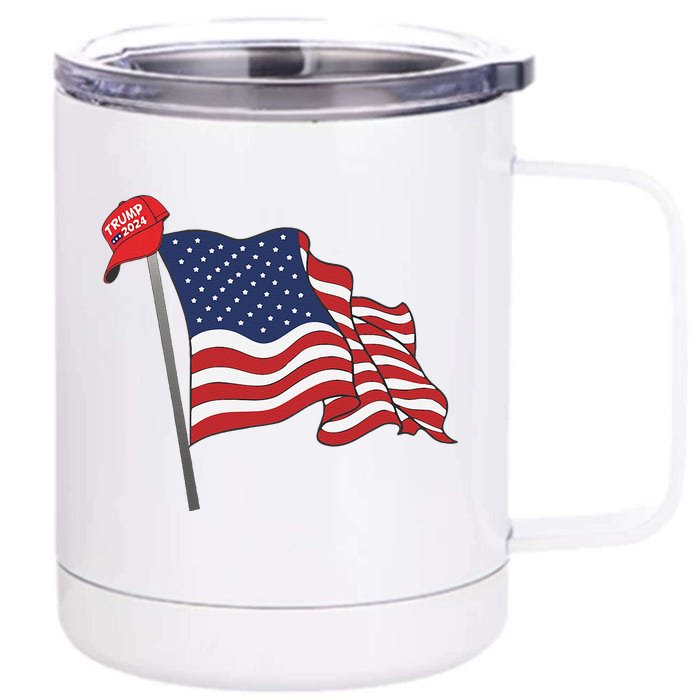 Trump Red Baseball Cap On An American Flag American Pride Front & Back 12oz Stainless Steel Tumbler Cup