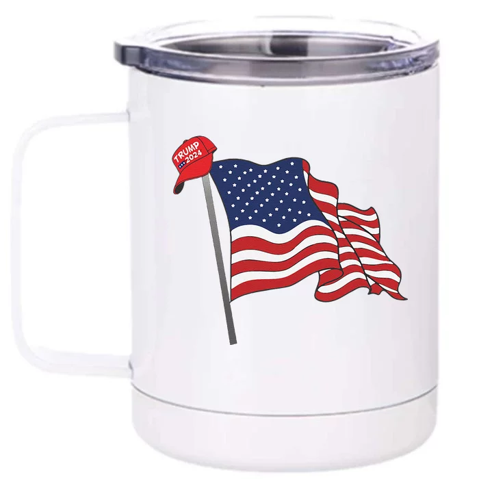 Trump Red Baseball Cap On An American Flag American Pride Front & Back 12oz Stainless Steel Tumbler Cup