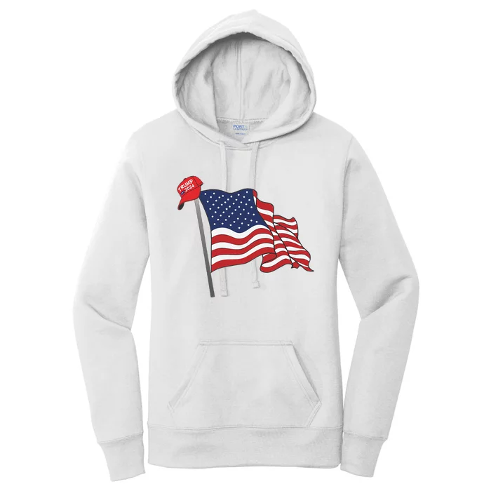 Trump Red Baseball Cap On An American Flag American Pride Women's Pullover Hoodie