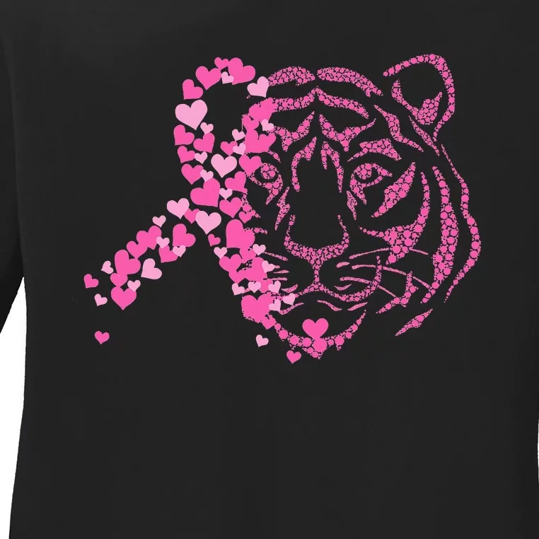 Tiger Ribbon Breast Cancer Awareness Animal Warrior Ladies Long Sleeve Shirt