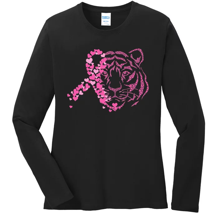 Tiger Ribbon Breast Cancer Awareness Animal Warrior Ladies Long Sleeve Shirt