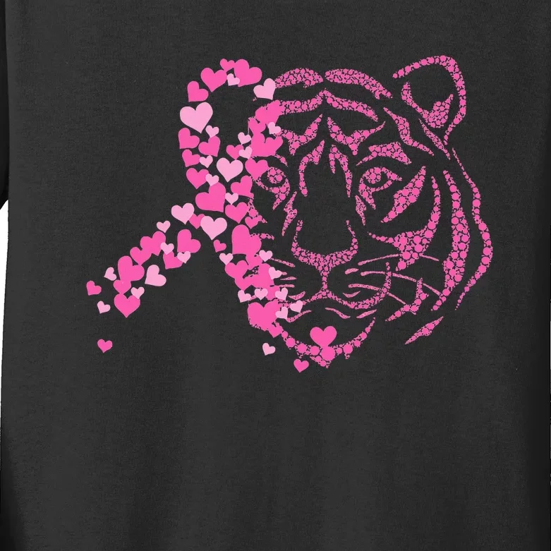 Tiger Ribbon Breast Cancer Awareness Animal Warrior Kids Long Sleeve Shirt