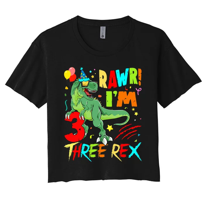 Three Rex Birthday Party Outfit Dinosaur 3 Year Old Boy Women's Crop Top Tee