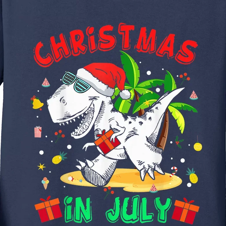 T Rex Christmas In July Shirt for Boy Toddler  Dinosaur Kids Long Sleeve Shirt