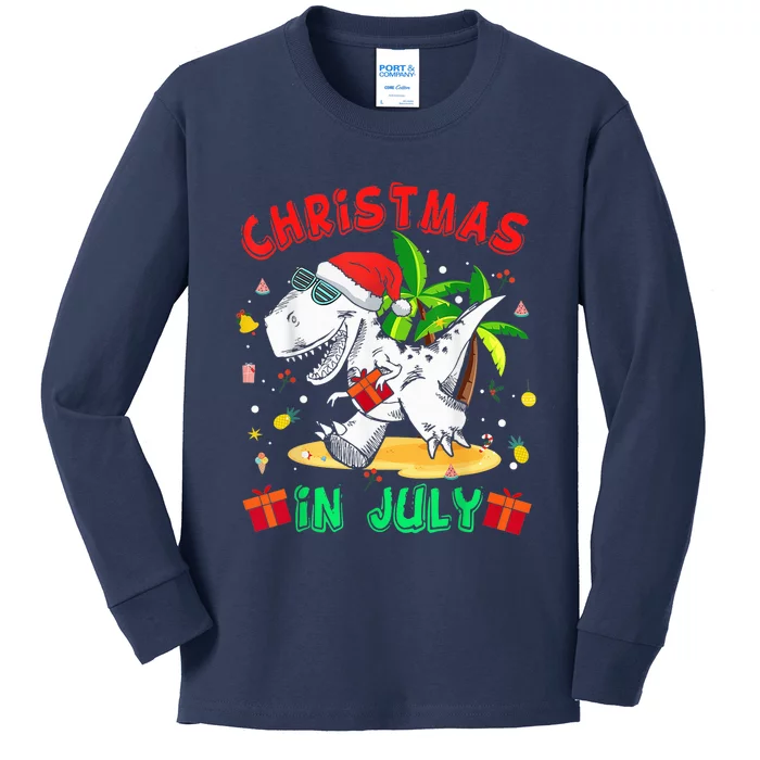 T Rex Christmas In July Shirt for Boy Toddler  Dinosaur Kids Long Sleeve Shirt