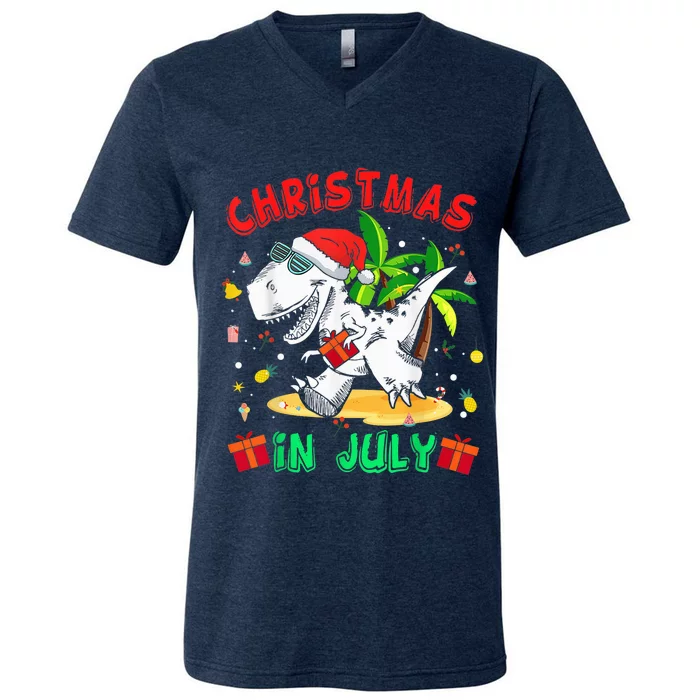 T Rex Christmas In July Shirt for Boy Toddler  Dinosaur V-Neck T-Shirt