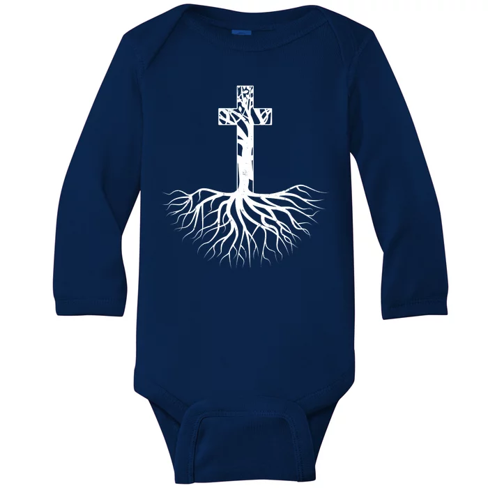 Tree Root Christian Cross Baby Long Sleeve Bodysuit