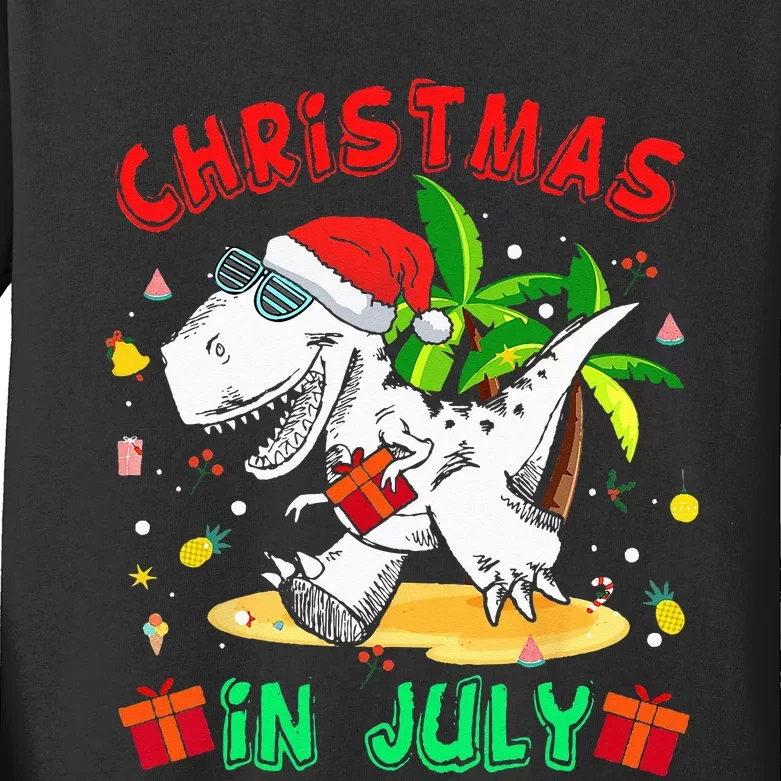 T Rex Christmas In July Dinosaur Kids Long Sleeve Shirt