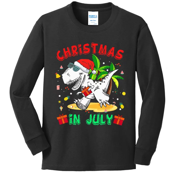 T Rex Christmas In July Dinosaur Kids Long Sleeve Shirt