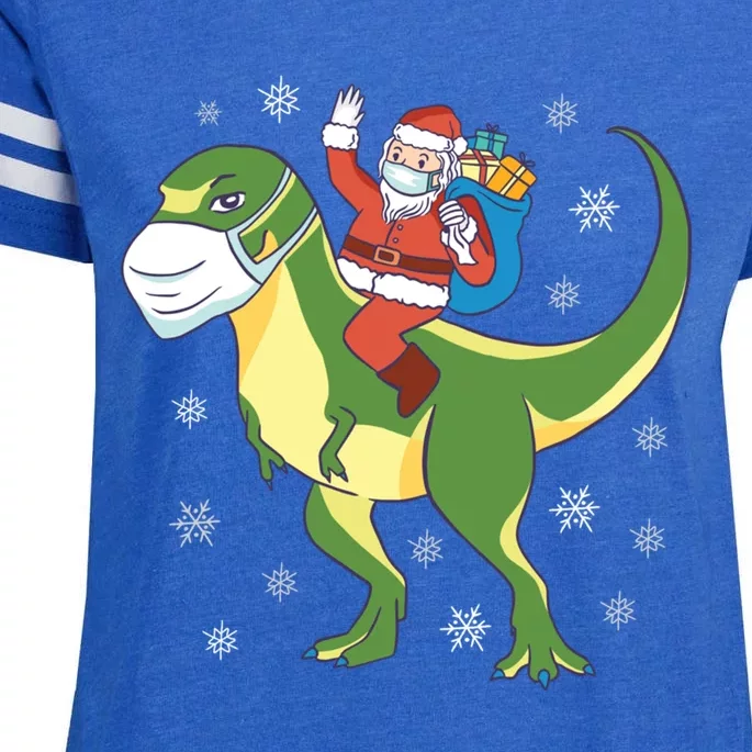 T Rex Dino Dinosaur Wearing Mask Santa Claus Christmas Gift Enza Ladies Jersey Football T-Shirt