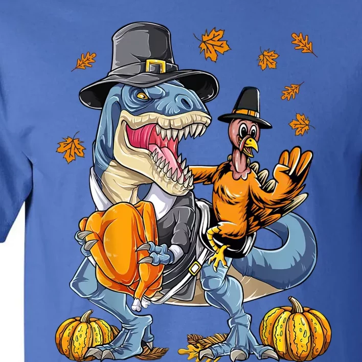 Turkey Riding Dinosaur T Rex Thanksgiving Funny Gift Pilgrim Boys Gift Tall T-Shirt