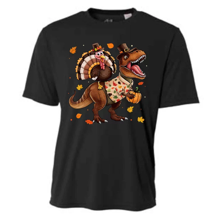 Turkey Riding Dinosaur T Rex Thanksgiving Cooling Performance Crew T-Shirt