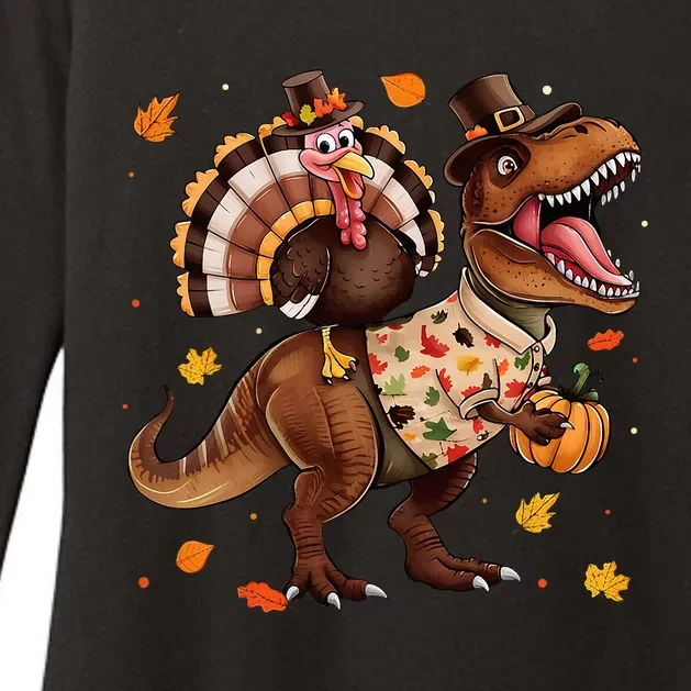 Turkey Riding Dinosaur T Rex Thanksgiving Womens CVC Long Sleeve Shirt