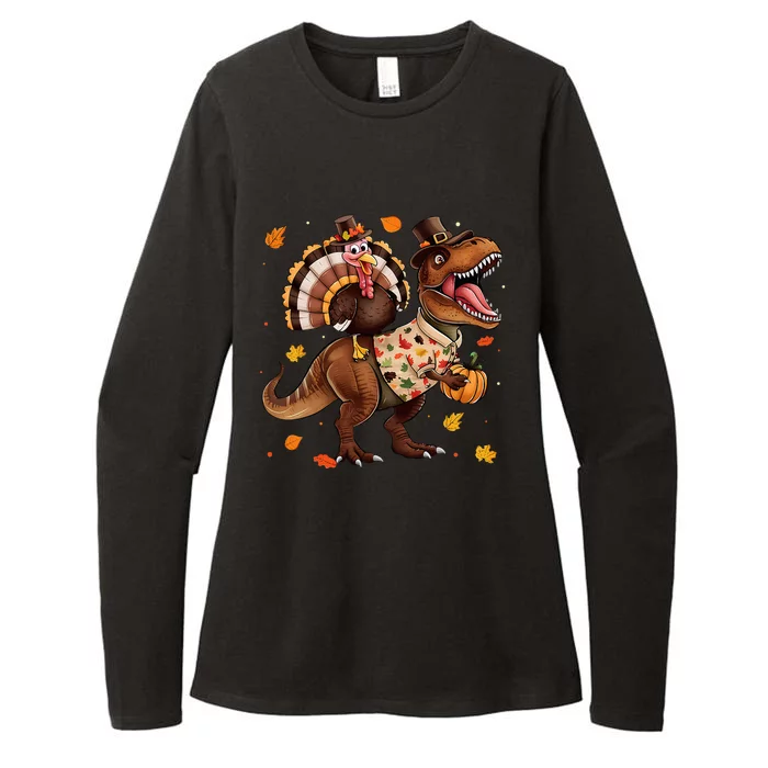 Turkey Riding Dinosaur T Rex Thanksgiving Womens CVC Long Sleeve Shirt