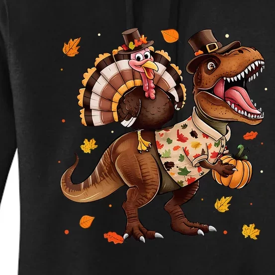 Turkey Riding Dinosaur T Rex Thanksgiving Women's Pullover Hoodie