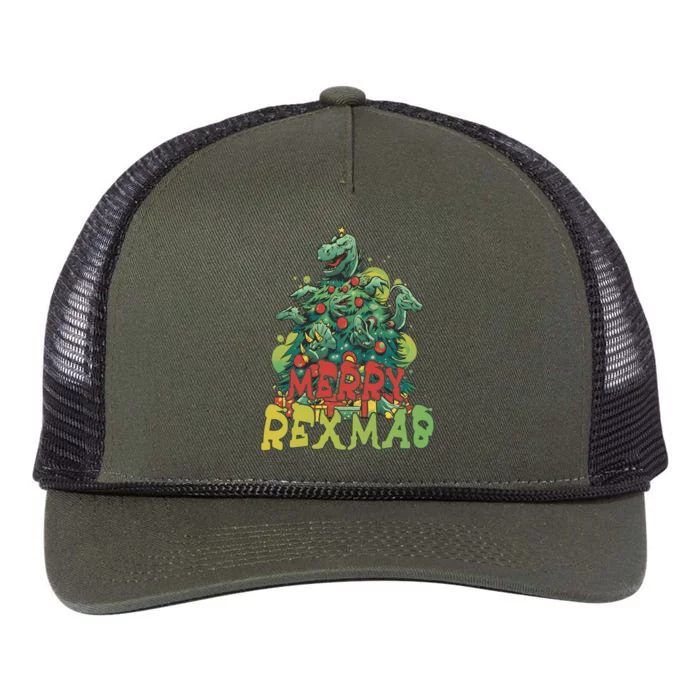 Tree Rex Dinosaur Christmas Merry Rexmas Gift Retro Rope Trucker Hat Cap