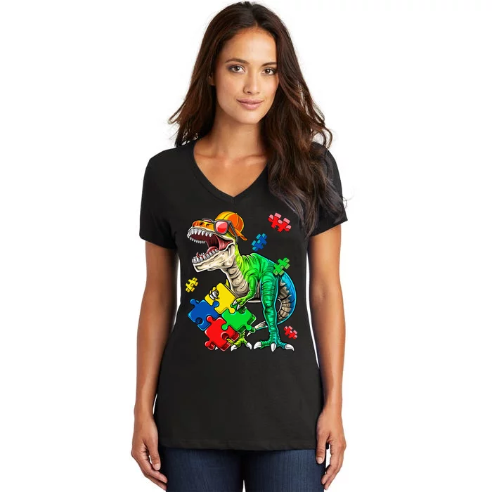 T Rex Dinosaur Autism Awareness Puzzle Piece Women's V-Neck T-Shirt