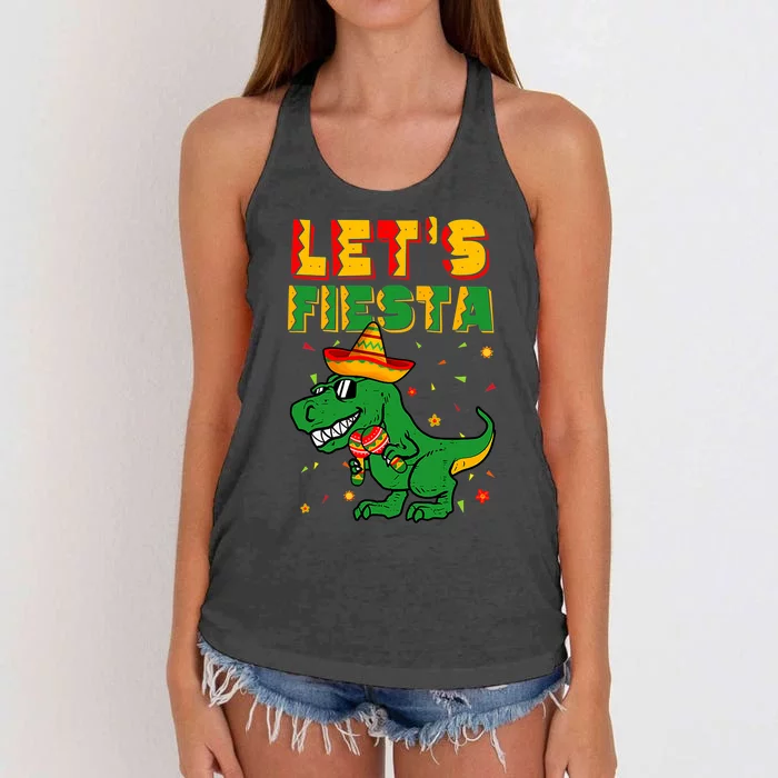 T Rex Dino Cinco De Mayo Let's Fiesta Mexico Women's Knotted Racerback Tank