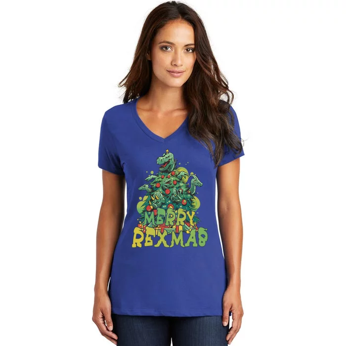 Tree Rex Dinosaur Christmas Merry Rexmas Cool Gift Women's V-Neck T-Shirt