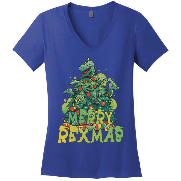 Tree Rex Dinosaur Christmas Merry Rexmas Cool Gift Women's V-Neck T-Shirt