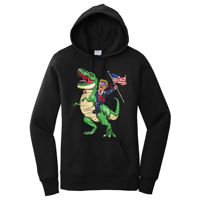 T Rex Dinosaur With Trump Gift American Flag For Patriot Gift Women's Pullover Hoodie