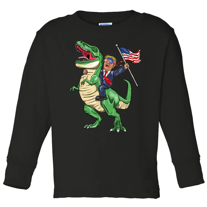 T Rex Dinosaur With Trump Gift American Flag For Patriot Gift Toddler Long Sleeve Shirt