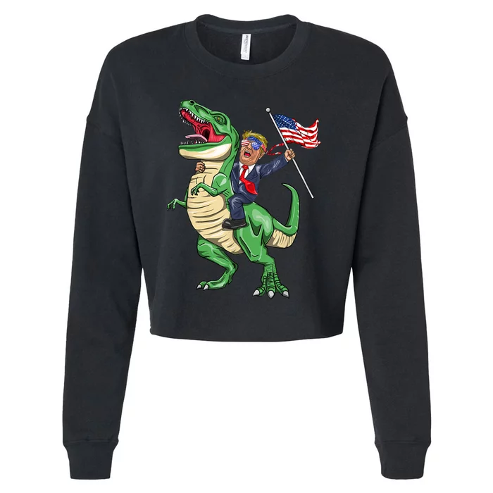 T Rex Dinosaur With Trump Gift American Flag For Patriot Gift Cropped Pullover Crew