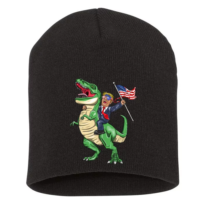 T Rex Dinosaur With Trump Gift American Flag For Patriot Gift Short Acrylic Beanie