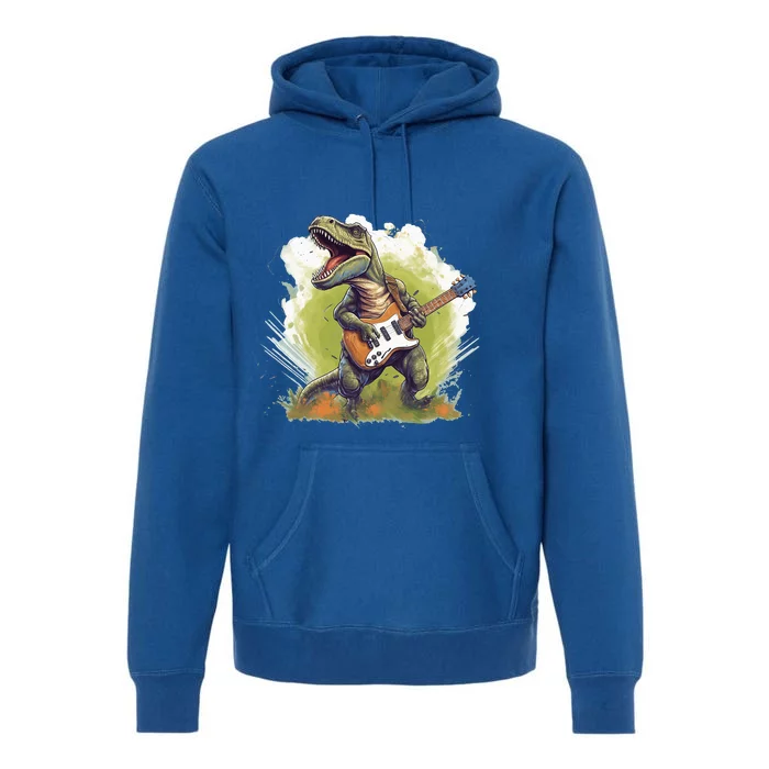 T Rex Dinosaurs With Cool Electric Guitar Premium Hoodie