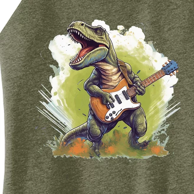 T Rex Dinosaurs With Cool Electric Guitar Women’s Perfect Tri Rocker Tank