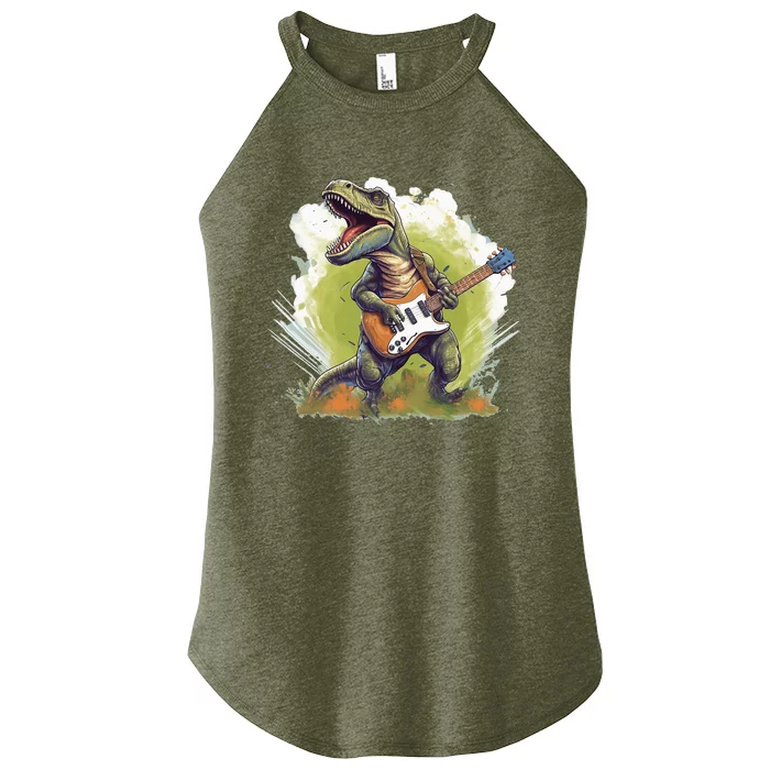 T Rex Dinosaurs With Cool Electric Guitar Women’s Perfect Tri Rocker Tank