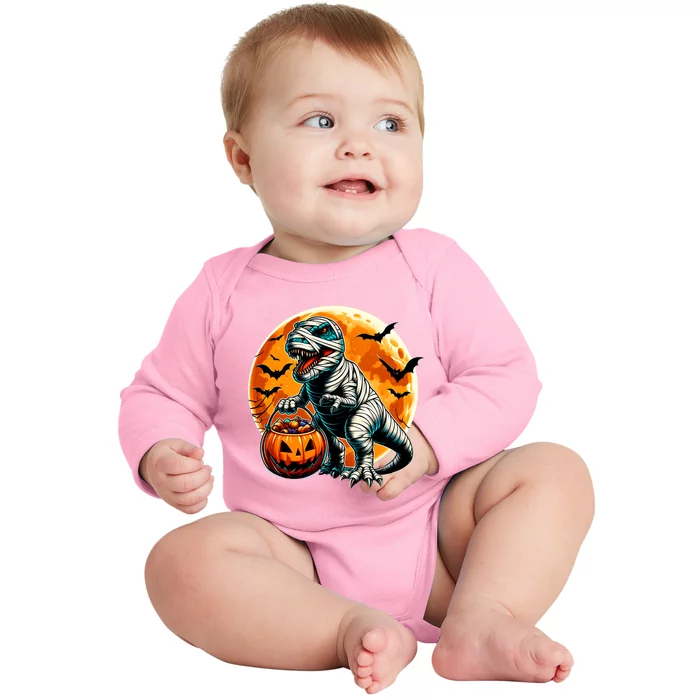 T Rex Dinosaur Mummy Pumpkin Bats Funny Retro Halloween Baby Long Sleeve Bodysuit