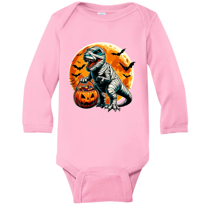 T Rex Dinosaur Mummy Pumpkin Bats Funny Retro Halloween Baby Long Sleeve Bodysuit