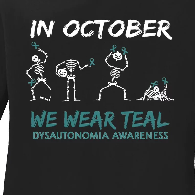 Teal Ribbon Dysautonomia Awareness Skeleton Halloween Ladies Long Sleeve Shirt