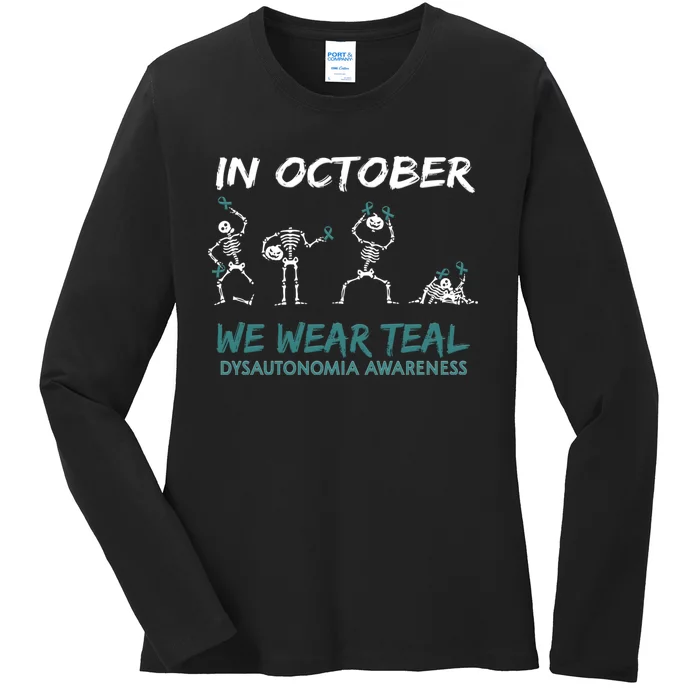 Teal Ribbon Dysautonomia Awareness Skeleton Halloween Ladies Long Sleeve Shirt