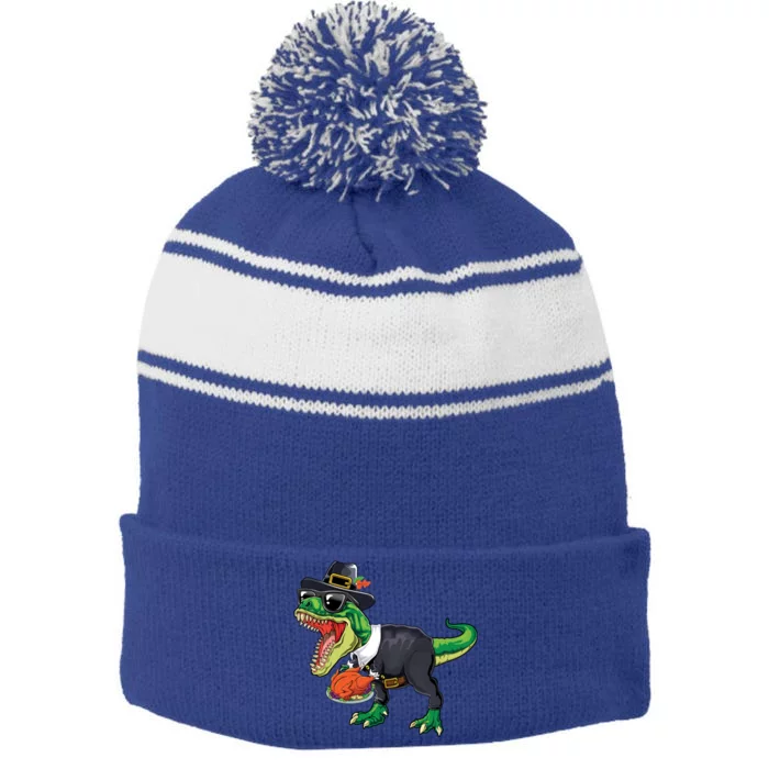 T Rex Dinosaurs With Turkey And Funny Thanksgiving Costume Gift Stripe Pom Pom Beanie