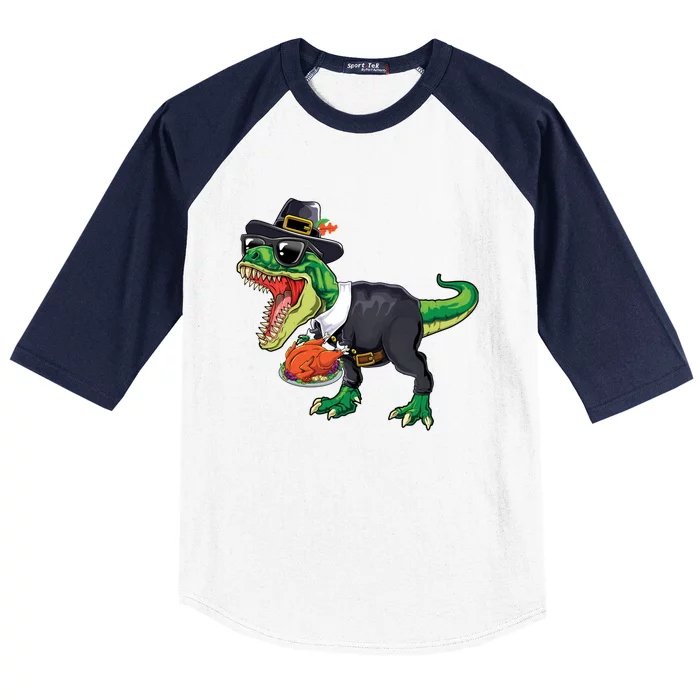 T Rex Dinosaurs With Turkey And Funny Thanksgiving Costume Gift Baseball Sleeve Shirt