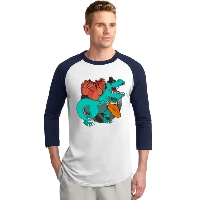 T Rex Dinosaurs With Turkey And Funny Thanksgiving Costume Gift Baseball Sleeve Shirt