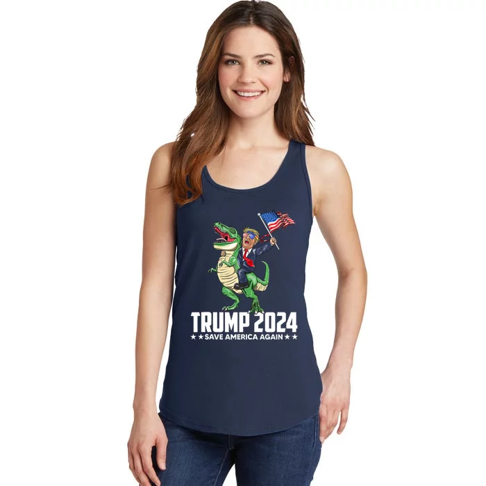 Trump Riding Dinosaur Save America Again Ladies Essential Tank